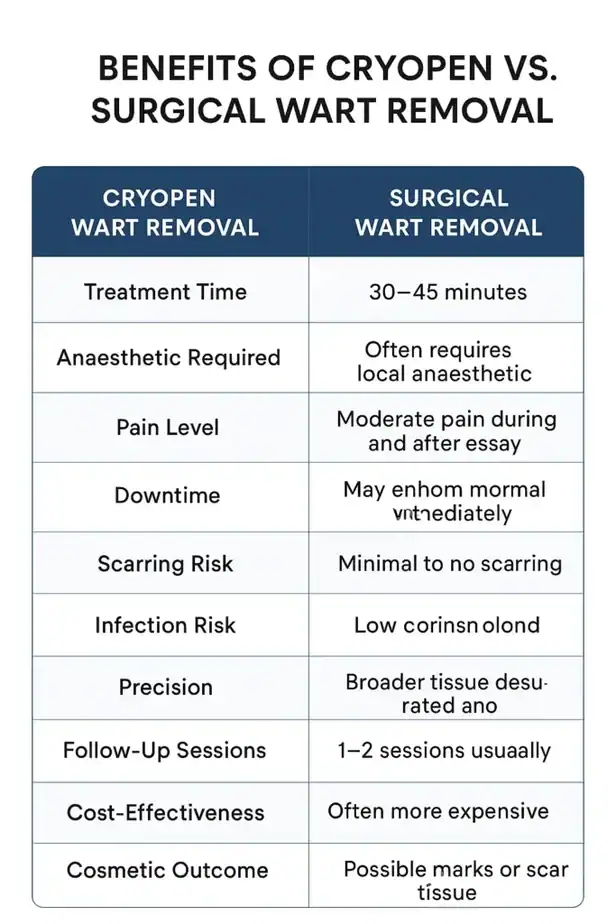 Table showing the benefits of cryopen to remove warts Barnet compared to surgical treatment